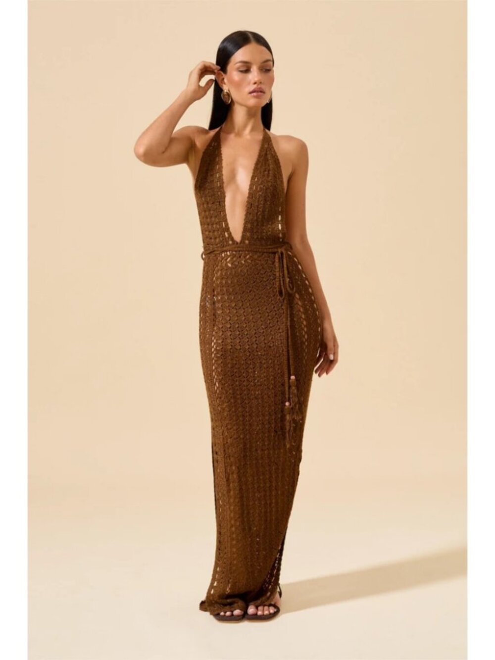 Flook Melani Dress Brown Crochet Halter Maxi Plunged Neck Backless Resort